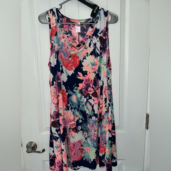 Navy and Pink Floral Sleeveless Dress - Picture 1 of 2